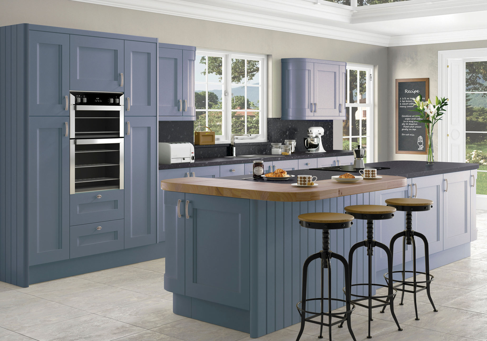 blue traditional kitchen with a wooden countertop